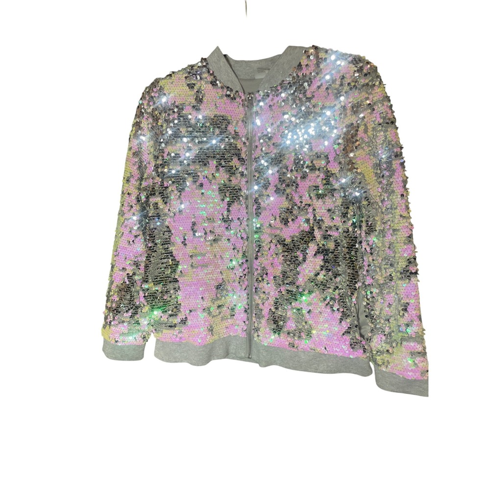 Wonder Nation Girls XL 14-16 Silver Iridescent Sequin Zip Up Bomber Jacket Grey
